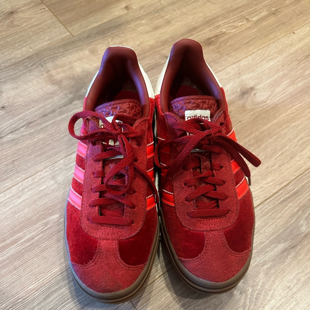 Red VELVET adidas gazelle platform shoes